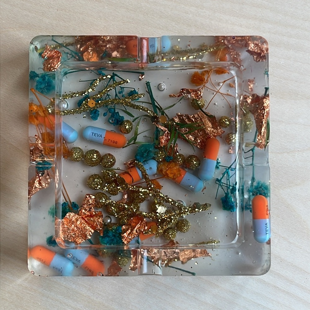 Colorful Resin PROZAC Ashtray with Gold Accents jewelry pill dish tray